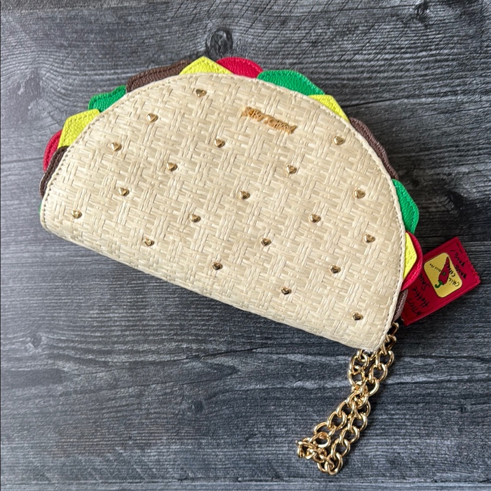 Betsey Johnson Beige Woven Taco Clutch with Gold Chain